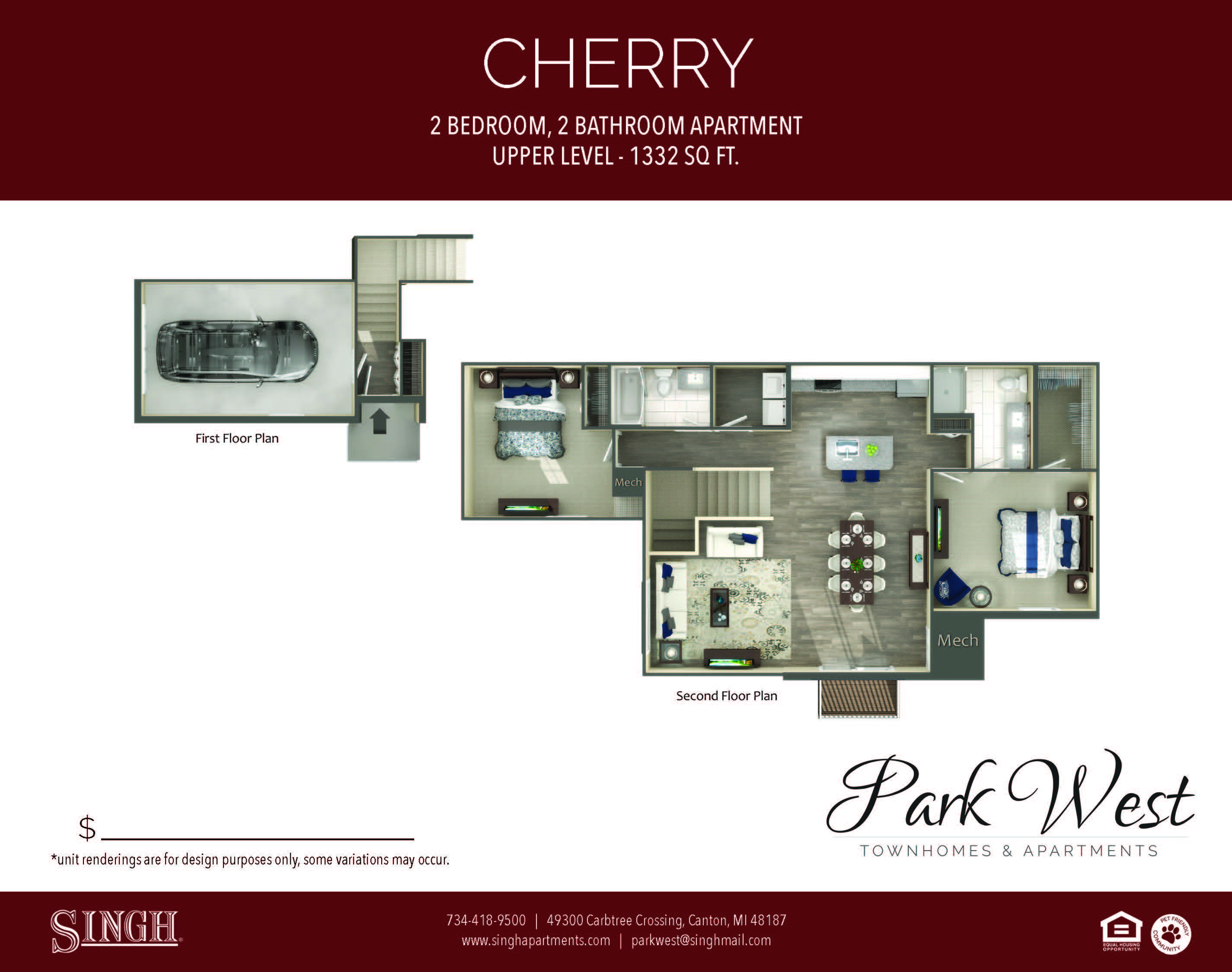 Floor plan for 2 beds, 2 baths, 1332 sqft